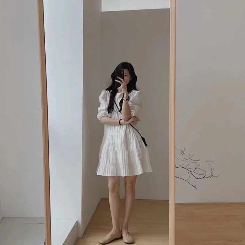 Элегантное Летнее Белое Повседневное Женское Платье С Пышными Рукавами