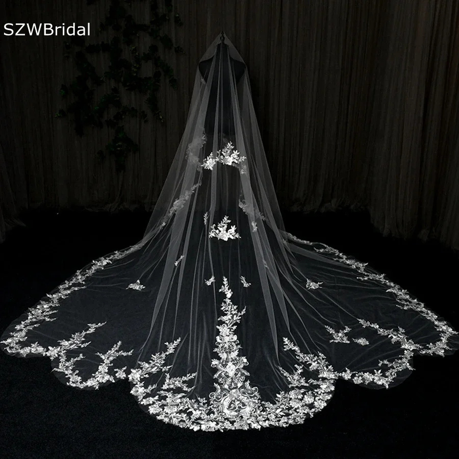 

Hot Sale Lace Appliques Sexy Bridal Veils Shiny Tulle Cathedral Wedding veil 3.5 Metre Length Bride Velo De Novia