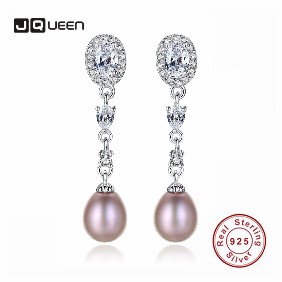 

JQUEEN Elegant Earrings 925 Sterling Silver 3A Cubic Zirconia Freshwater Pearl Wedding Bridal Women's Drop Earrings White Pink