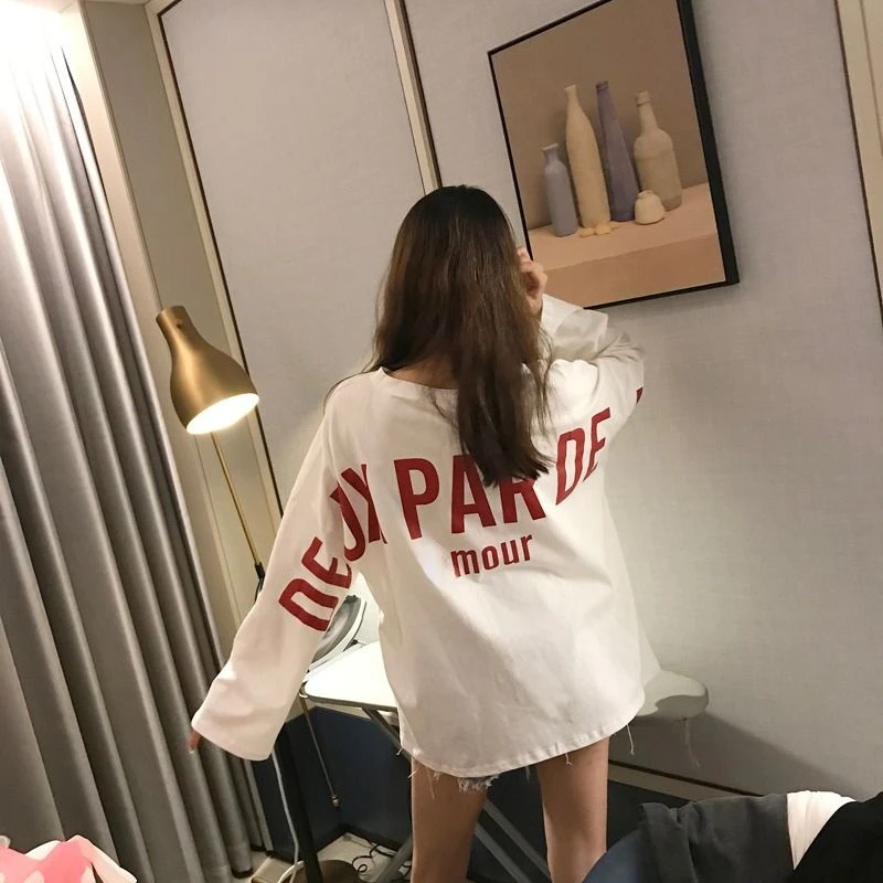 Белая женская футболка с длинным рукавом HOUZHOU в стиле оверсайз корейские модные