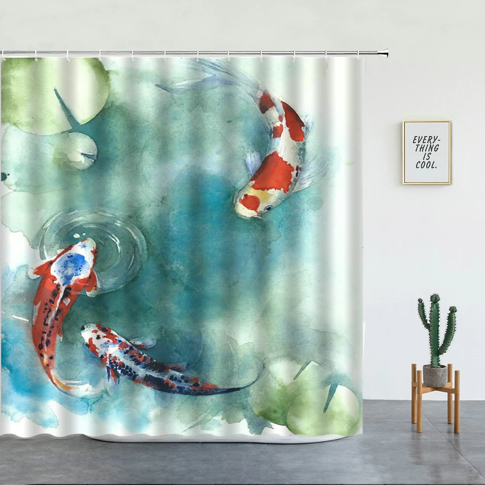 

Scenery Shower Curtains Koi Carp Fish And Cherry Blossom Watercolor Design for Bathroom Decor Set Washable Bath Screen