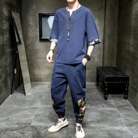 mens chinese style large size suit2022summer new mens stitching flower short sleevett shirtcropped pants casual suit