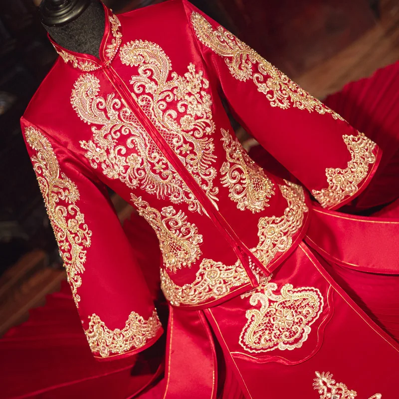 2022 New Chinese Style Traditional Red Beading Embroidery Qipao Clothing Wedding Bridal Dress