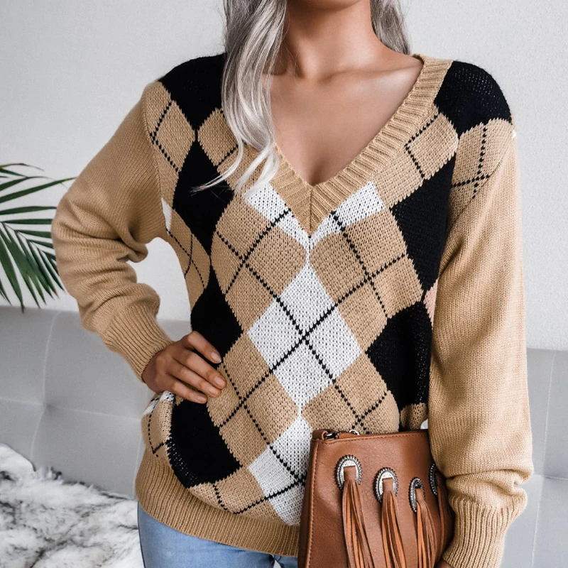 

Autumn Winter Warm Knit Sweaters Women Vintage Patchwork Long Sleeve Loose V Neck Knitting Pullovers Female Elegant Sweater Tops