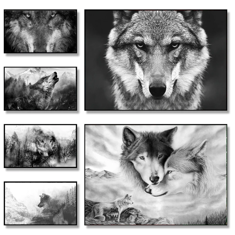 Настенные картины в скандинавском стиле с изображением головы леса волка