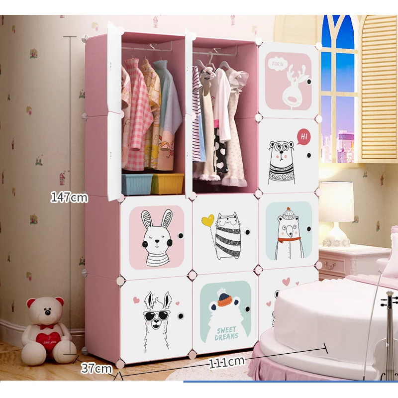 

Pink Wardrobe PP Plastic Plate Thick Closet Girls Bedroom Furniture Portable Clothes Wardrobe Metal Frame Storage Cabinet B655