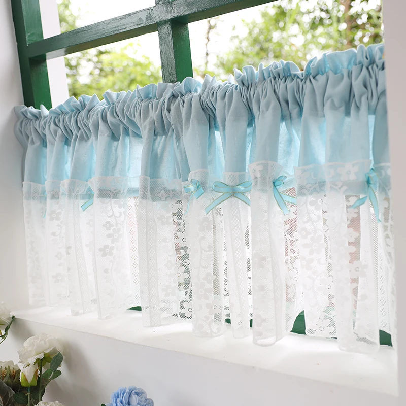 Корейские кружевные короткие тюлевые занавески для гостиной синие