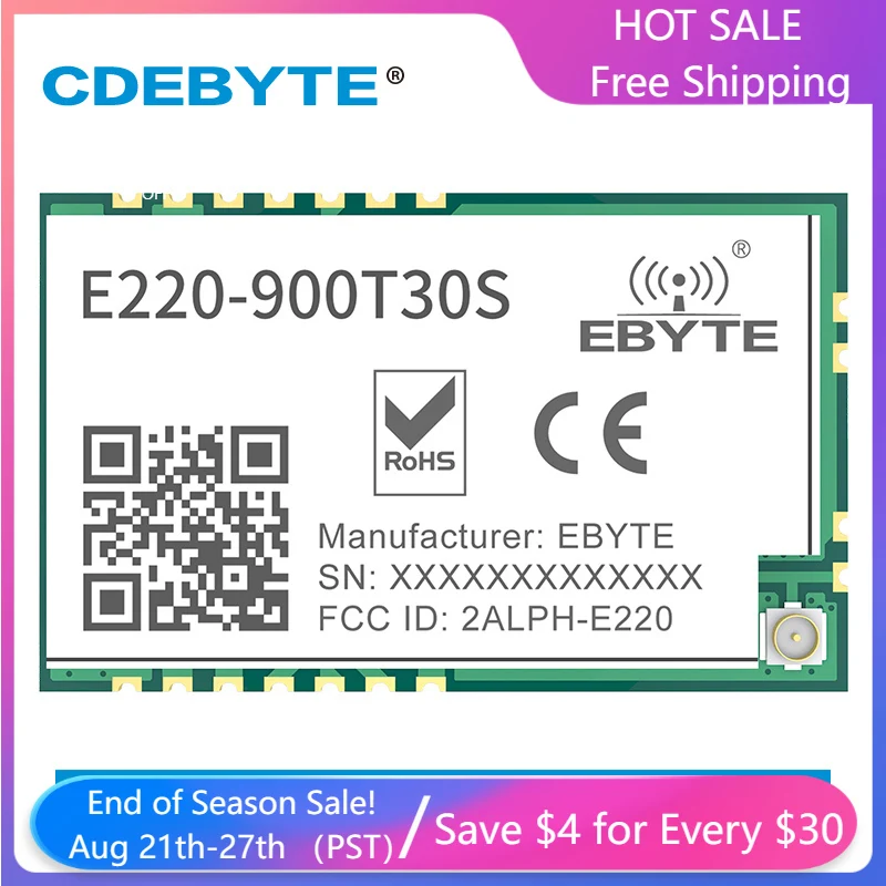 Модуль LoRa LLCC68 868 МГц 915 МГц E220-900T3 0S беспроводной 30 дБм 10 км LoRa спектра FSK SMD UART интерфейс IPEX РЧ щит IOT