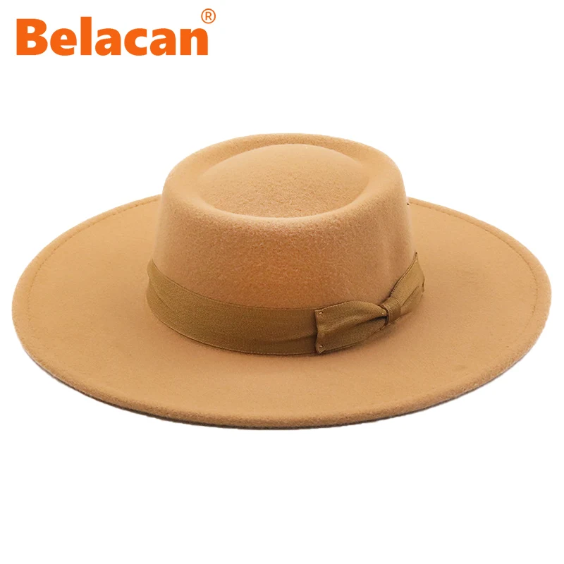 

9.5CM Flat Top Fedoras Hats For Women Solid Color Imitation Woolen Jazz Hat Men Elegant British Wide Brim Ladies Caps Bowler Hat
