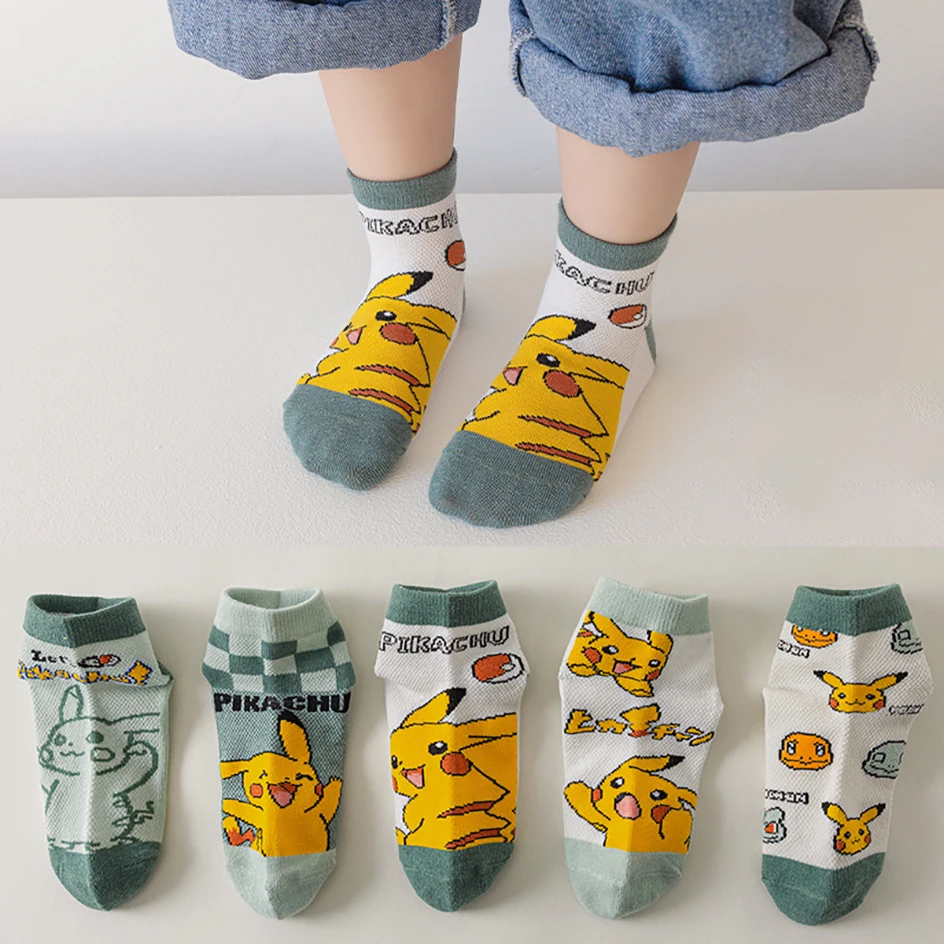 

5 пар/комплект, Детские хлопковые носки с принтом «Покемон»