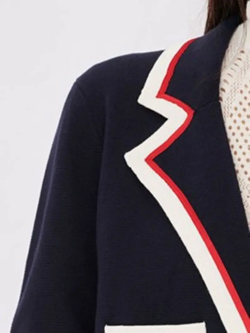 

Women Cardigan Logo Embroidery Color Contrast Notched Single Breasted Long Sleeve Elegant Knit Coat