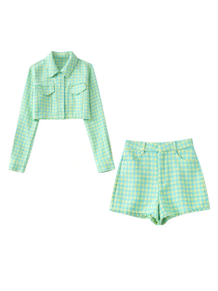 

2022 Summer Women 2 piece Sets Suits Casual Plaid Veins Shorts Jackets Coats and Shorts Female Sweet Street Suit Clothes