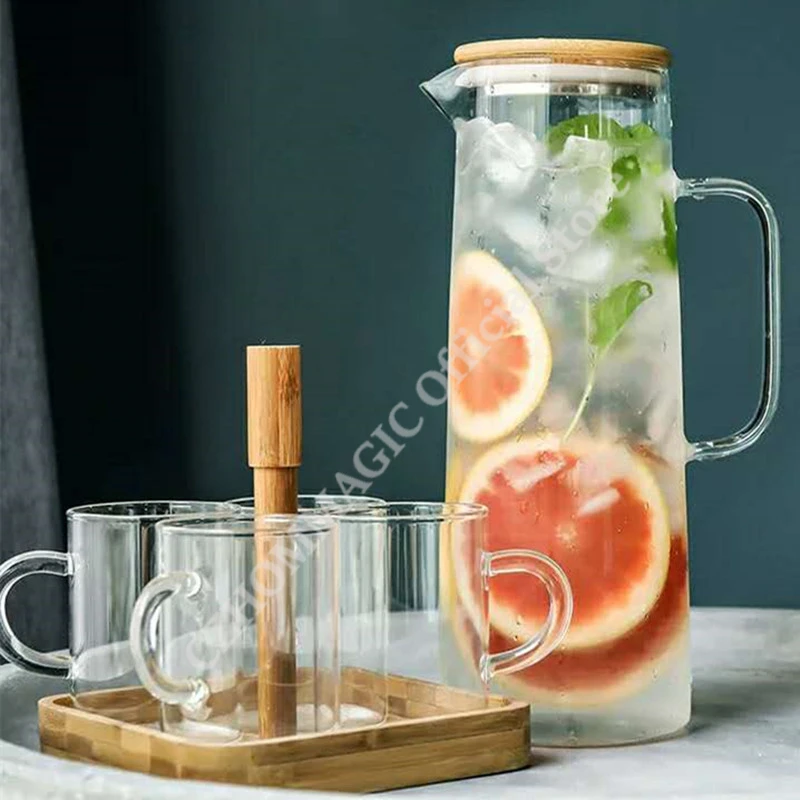 

1.7L Glass Water Pitcher with Handle Bamboo Lid Heat Resisttant Cold Hot Kettle Large-capacity Tea Pitcher Water Juice Jug Cups