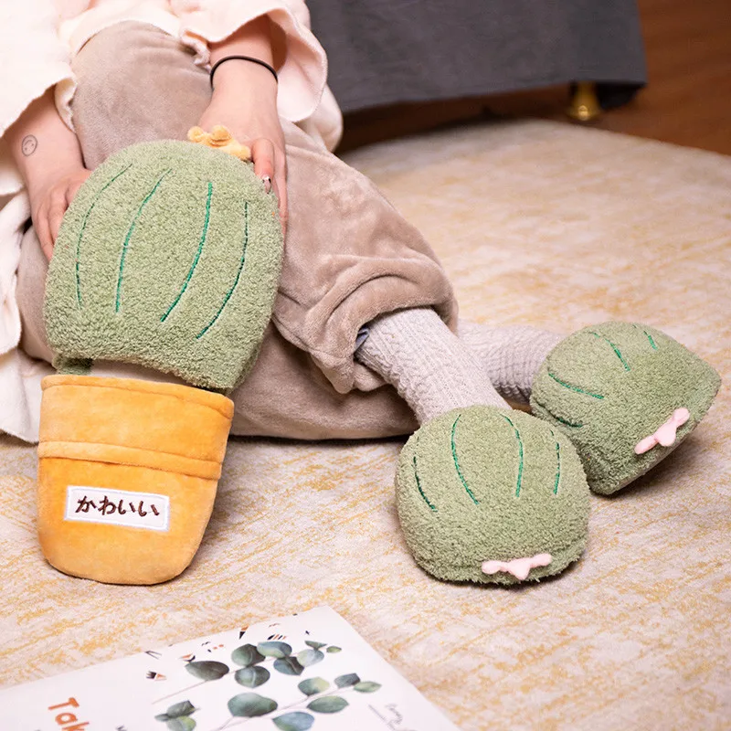 Lovely Multifunctional Cactus Plush Toys Warm Winter Home Floor Soft Plants Women's Funny Slippers Home Cotton Shoes