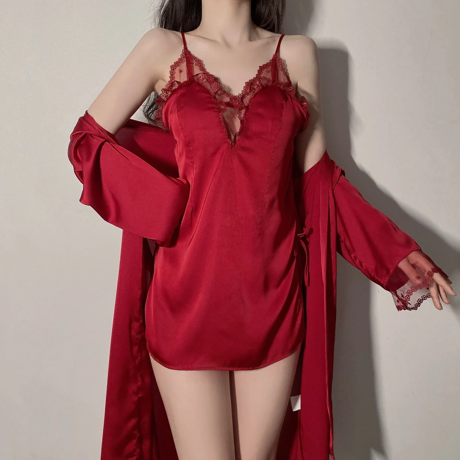 Пикантный кружевной халат ночная рубашка комплект из 2 предметов одежда для сна