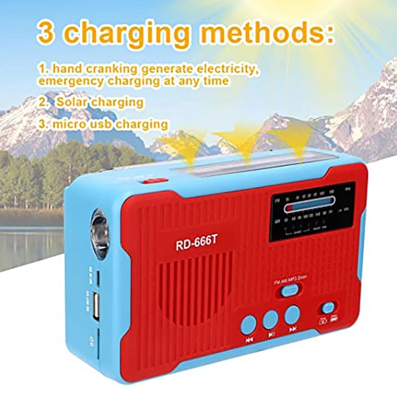 

RD666 Солнечный радиоприемник, многофункциональная портативная карта 2300 стандарта FM, ручной генератор для экстренных ситуаций на открытом во...