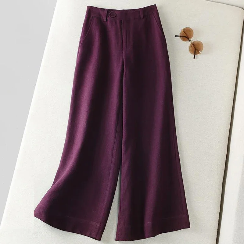 Однотонные хлопковые льняные широкие женские брюки с высокой талией и
