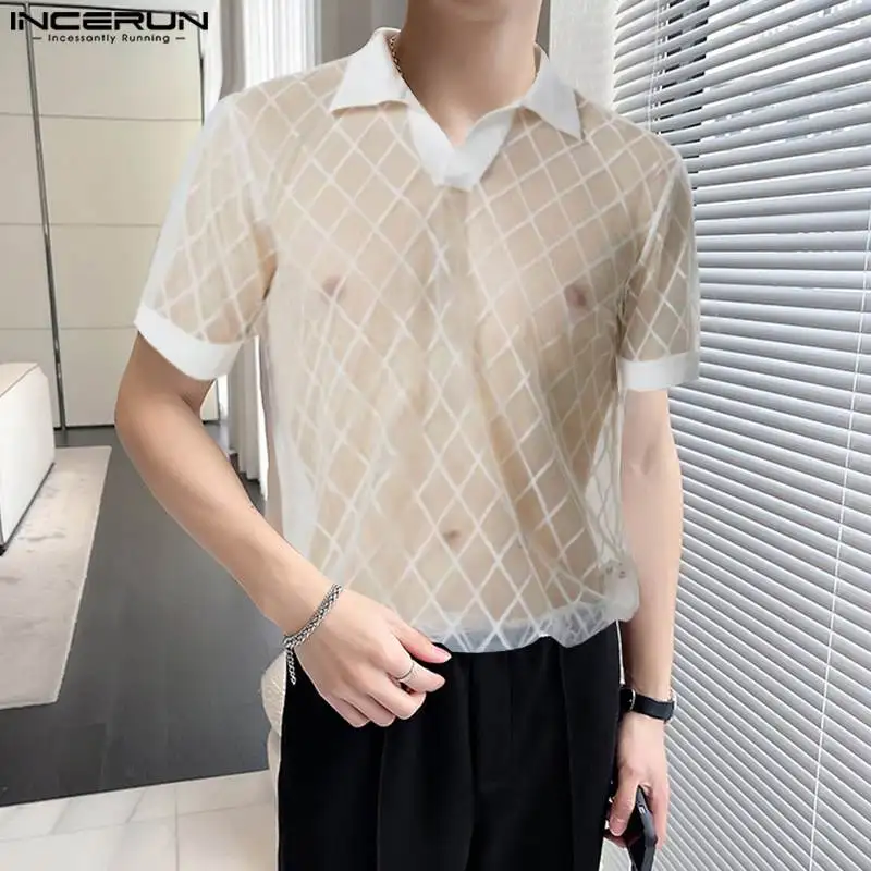 

Men Shirt Mesh Patchwork Transparent Sexy Party Fashion Men Clothing 2023 Lapel Short Sleeve Streetwear Camisas S-5XL INCERUN