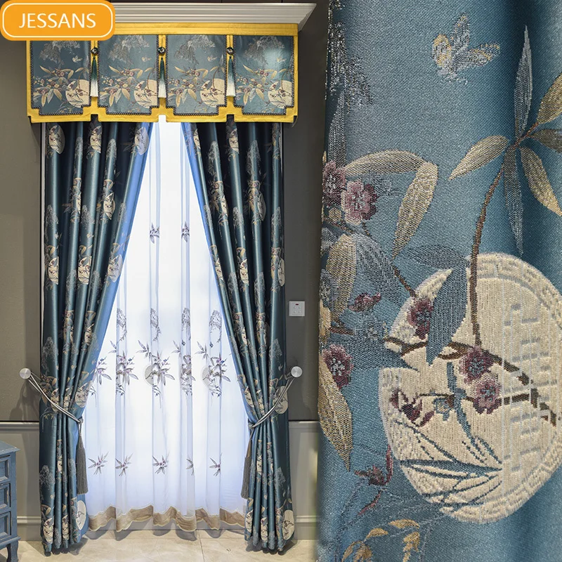 

New Chinese High-grade Bamboo Jacquard Blackout Curtains for Living Room Bedroom Finished Custom Valance Partition Curtain