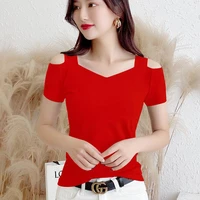 2022 v neck t shirt women korean clothes tee training shirt sexy sling female tshirt off shoulder top summer new tops for women
