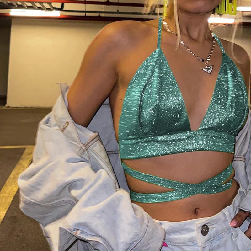 

Топ женский Блестящий с открытой спиной и глубоким V-образным вырезом