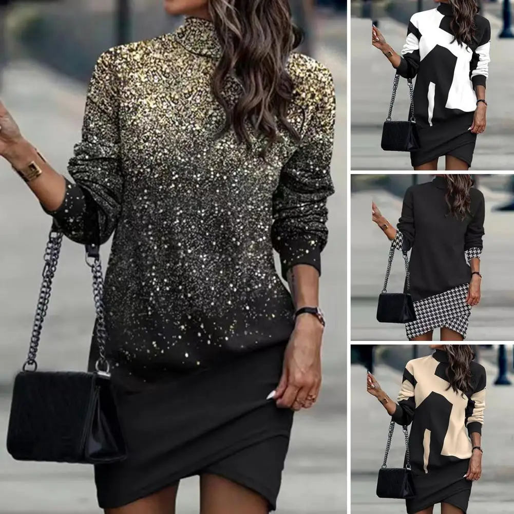 

Irregular Hem Mini Dress Chic Irregular Hem Women's Dress Contrast Color Pullover High Collar Soft Warmth for Fall/winter