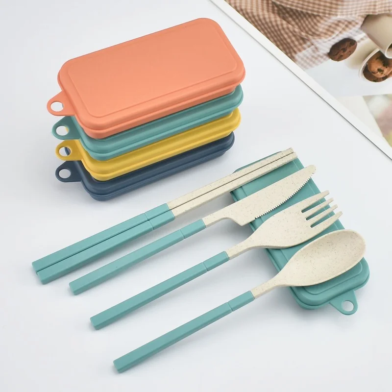 

4pcs Wheat Straw Dinnerware Set Portable Tableware Knife Fork Spoon Chopsticks Set Travel Cutlery Set Eco-Friendly Utensil Box