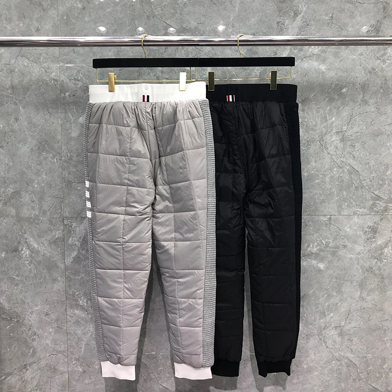 

Мужские брюки, зимние брюки с боковыми краями, белые спортивные брюки с 4 полосками, бриллиантовой решеткой, из хлопка, оригинальные брюки