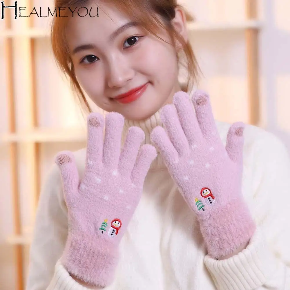 

Women Winter Warm Gloves Snowman Embroidery Crochet Woollen Glove Touch Screen Soft Furry Full Fingers Mittens Christmas Gifts