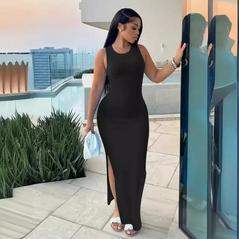 Женское облегающее платье без рукавов с круглым вырезом и высокой талией