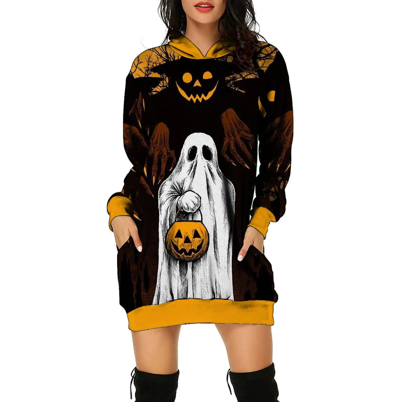 3D Printed Women Hoodie Halloween Demon Pumpkin Spoof Women's Hooded Top Loose Long Sleeves Pullover Party Streetwear Clothes