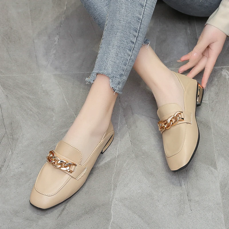 2022 spring and autumn fashion British style retro square head metal decorative women's shoes PU casual student flat shoes