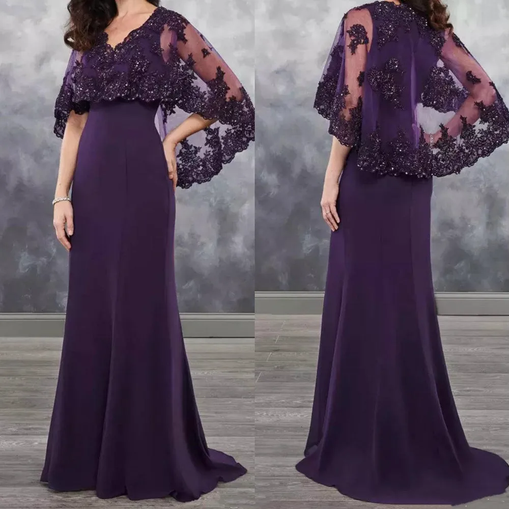 

Mother of the Bride Dress Sequins Lace Wedding Party Mother of the Groom Evening Gowns Cape Shawl Wrap Sparkly Long Purple