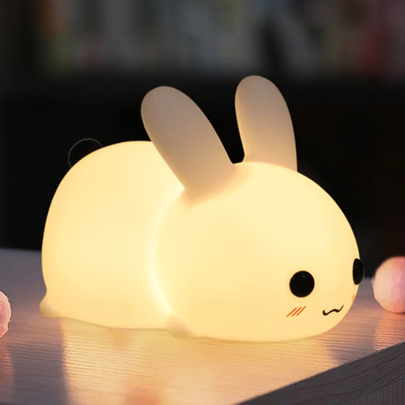 Rabbit LED Night Light Silicone Animal Cartoon Dimmable Lamp USB Rechargeable For Children Kids Baby Gift Bedside Bedroom