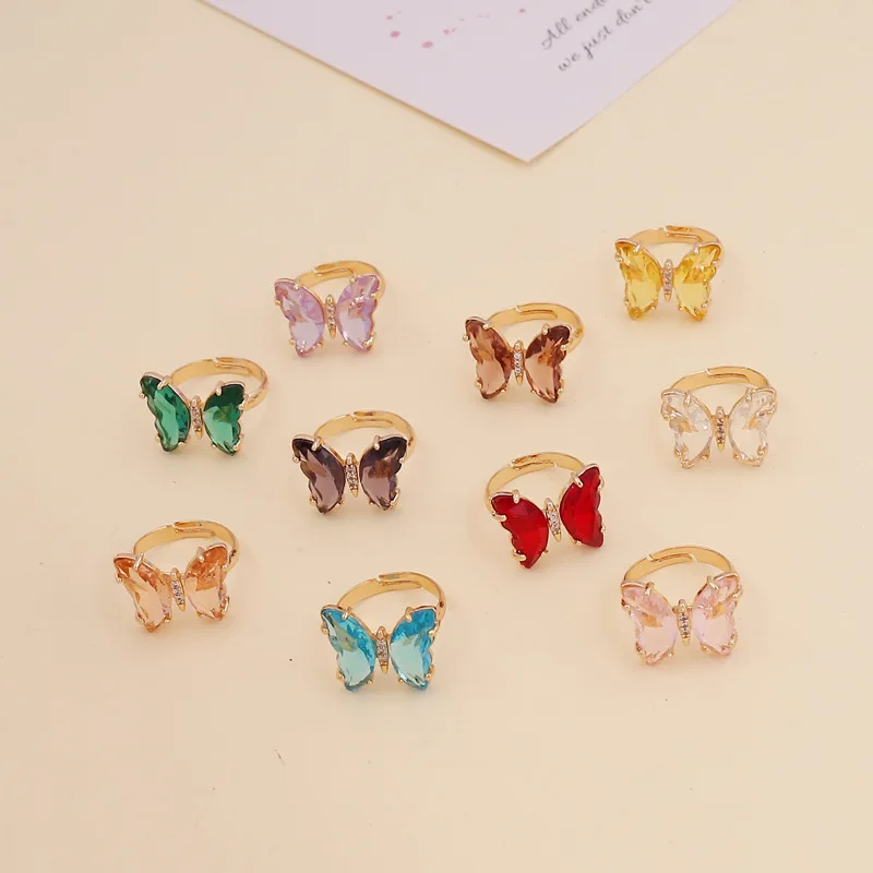 

New Fashion Candy Colorful Butterfly Insect Crystal Rhinestone Zircon Open Adjustable Ring For Women Party Wedding Jewelry Gifts