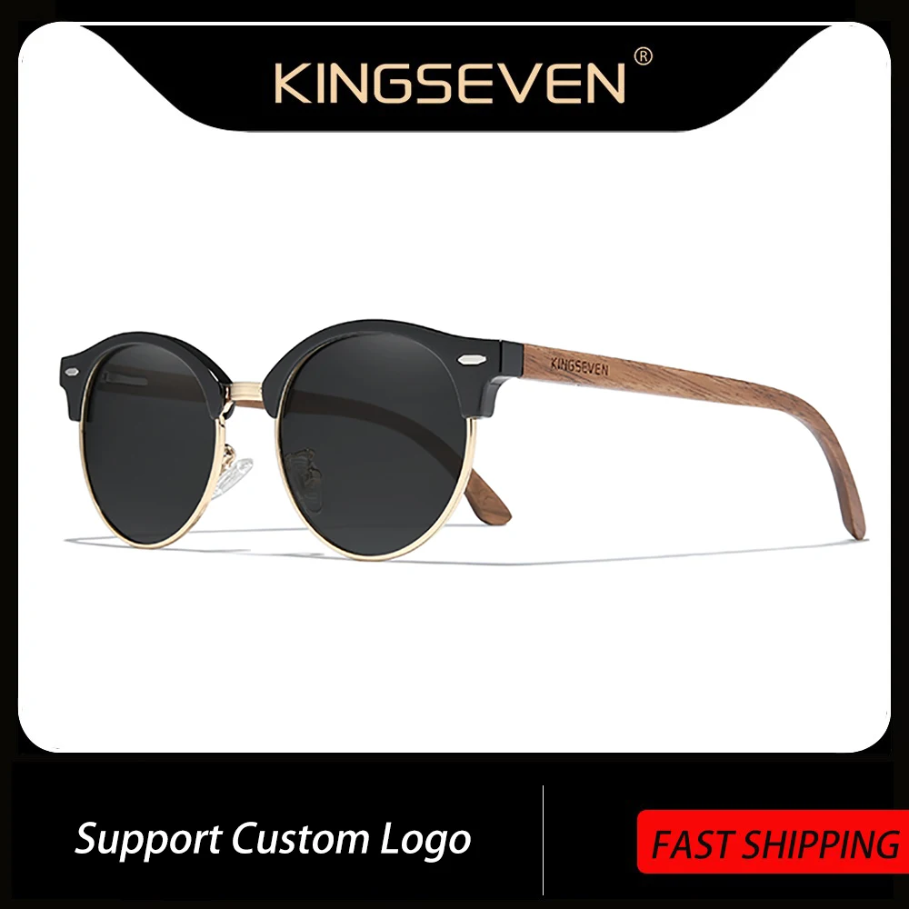 

KINGSEVEN Handmade High Quality Black Walnut Wood Sunglasses Men Women Polarized Mirror Sun Glasses Male UV400 Shades Oculos