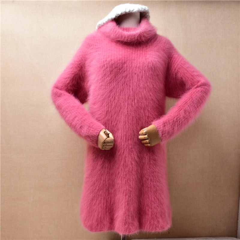 

Женская осенне-зимняя одежда розовая пушистая норковая кашемировая вязаная водолазка из ангорского кроличьего меха свободное длинное платье-свитер