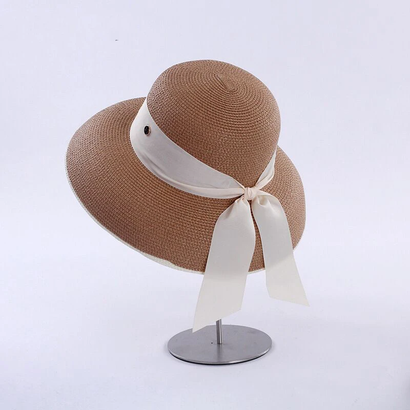 

Retro French Hepburn Straw Hat Bow Female Summer Seaside Big Brim Sun Protection Shade Travel Vacation Leisure Wild Brim Beach H