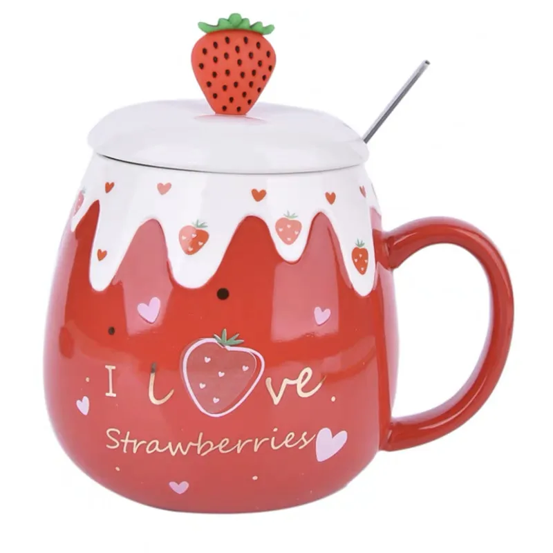 

Strawberry Lid and Spoon Porcelain Breakfast Milk Oatmeal Cup Drinkware 450ml Large Capacity Ceramic Cute Strawberry Coffee Mug