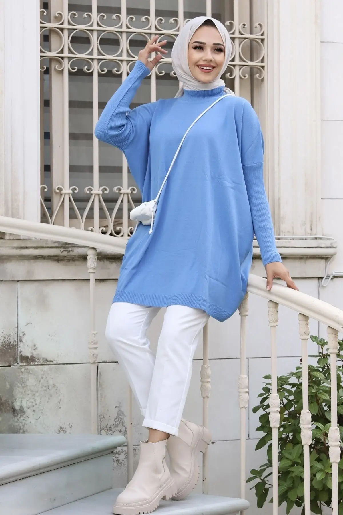 Women's Indigo Blue Half Turtleneck Knitwear Panço Pullover Tunic Long Straight Dark Blue Hijab Blouse & Clothing