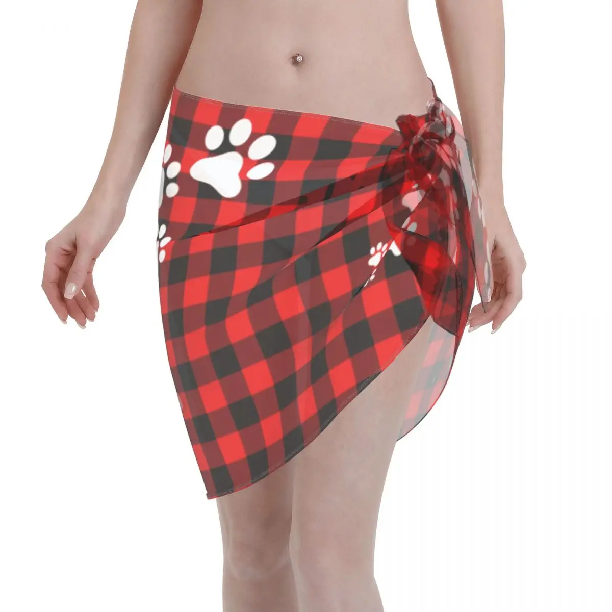 

Cute Snow Dog Paws Red Black Check Sexy Women Cover Up Wrap Chiffon Swimwear Pareo Sarong Beach Dress Bikini Cover-Ups Skirts