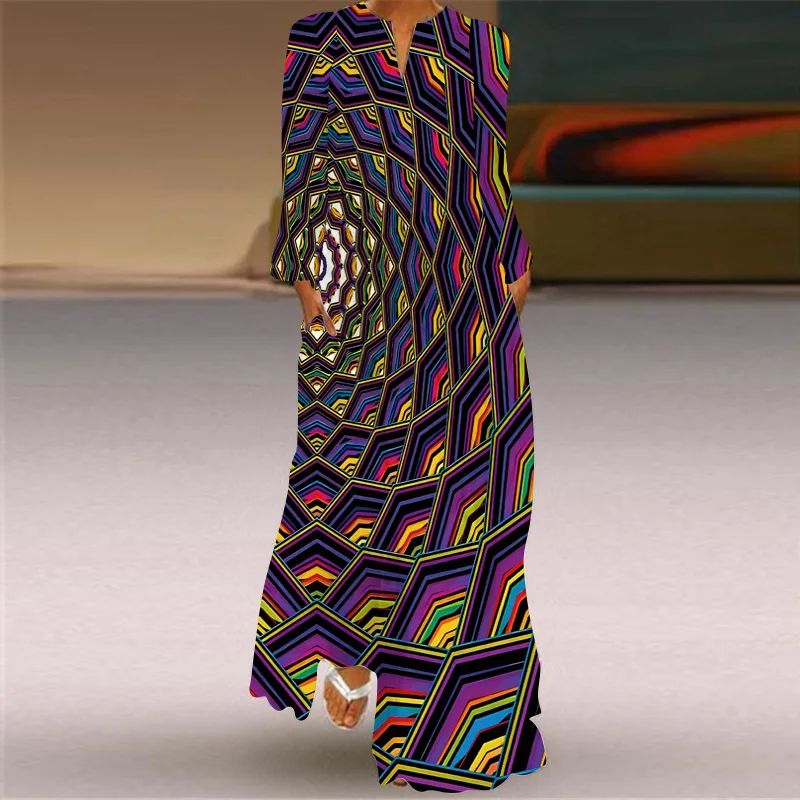 

Женское длинное платье с V-образным вырезом, длинным рукавом и геометрическим принтом