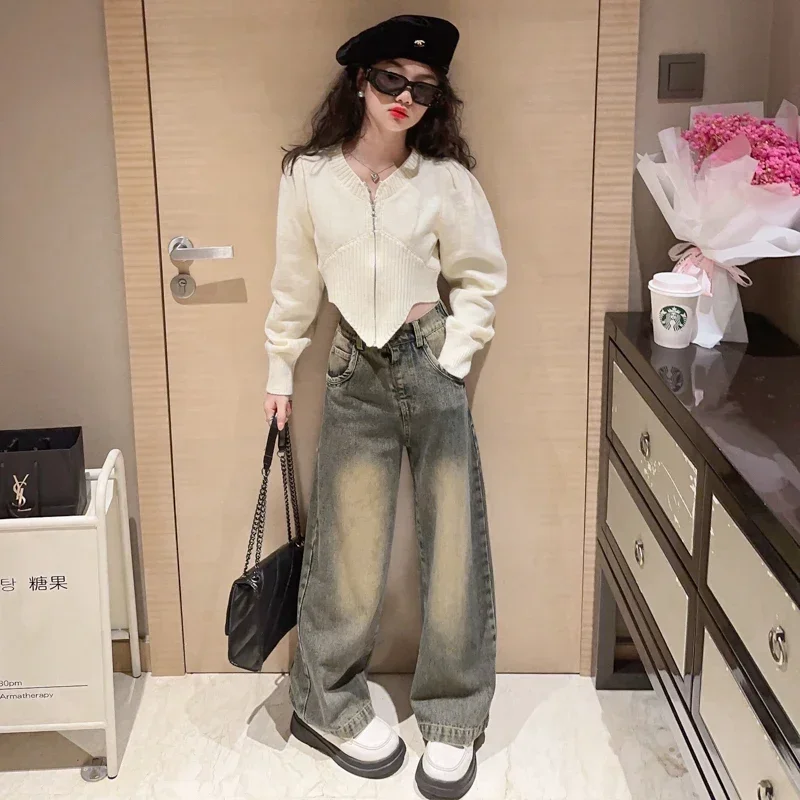 2 шт. детский джинсовый костюм с пузырьковым рукавом на Возраст 4-14 лет