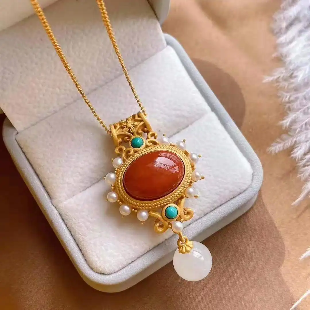 

Fashion Chinoiserie Style S925 Silver Natural South Red Agate Freshwater Pearl Turquoise Pendant Necklace for Women Party Gift