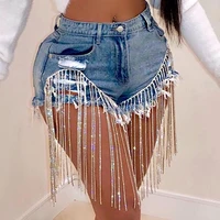 2021 summer women fashion ladies sexy zipper personality temperament skinny ripped beaded fringe denim shorts plus size