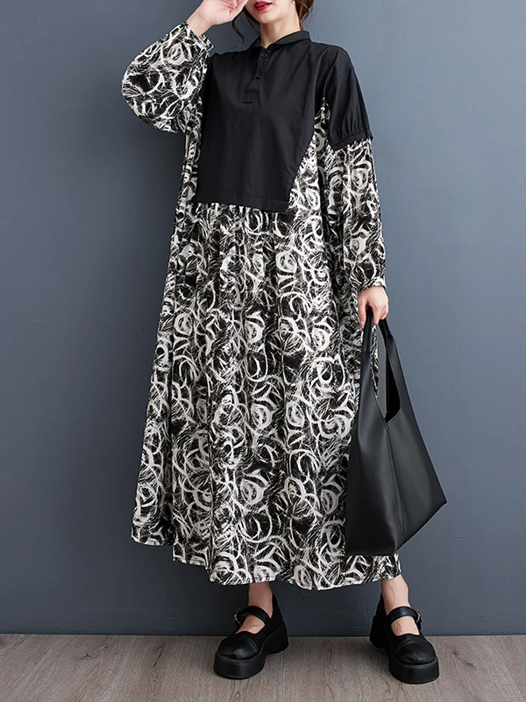 

XITAO Contrast Color Print Shirt Dress Loose Fashion Long Sleeve Turn-down Collar Women Autumn New Casual Dress HQQ1253