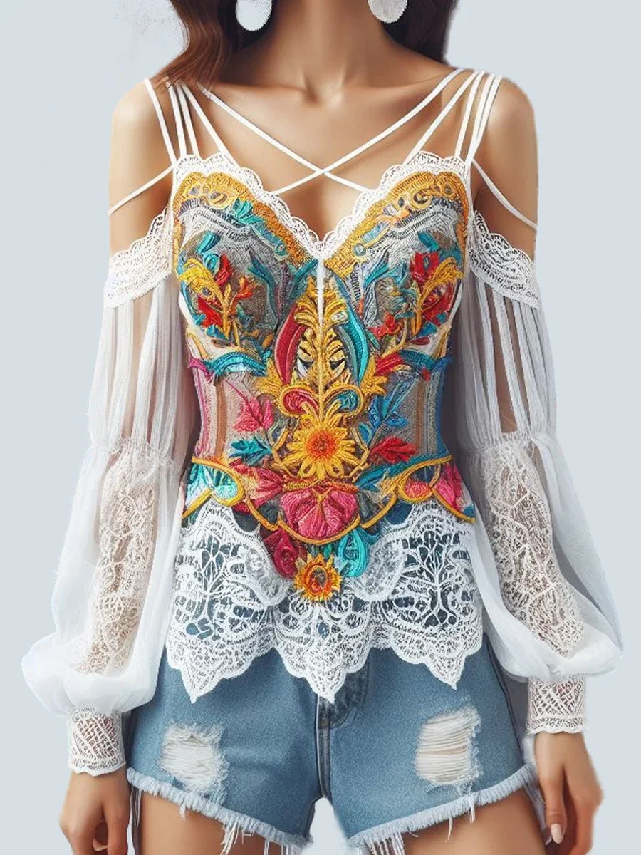 Женская кружевная блузка без бретелек с цветочным принтом и V-образным вырезом