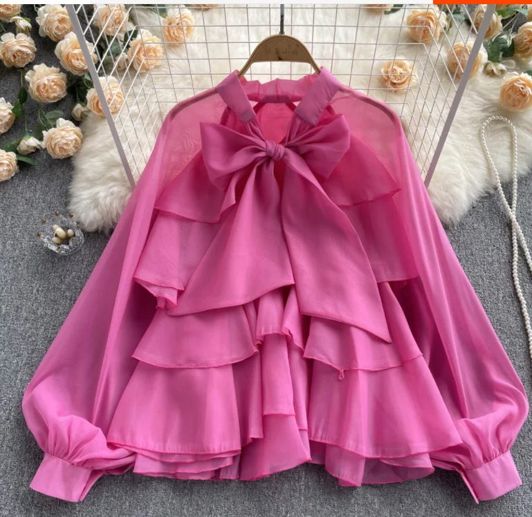 

Spring Elegant Blouse Tops Women Green Organza Bow Collar Long Sleeve Loose Womens Tops and Blouses Female
