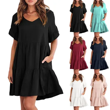 Pleated Women Causual Beach Dress Loose O Neck Ruffles Mini Dress Boho Solid Beach Sundress 2023 Summer Oversized Pockets Dress 1