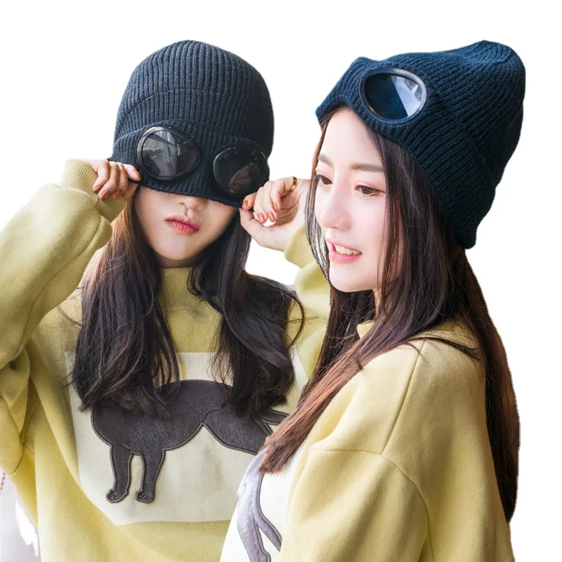 

Unisex Autumn Winter Goggles for Men Women Plus Velvet Ski Cap with Glasses Knitted Warm Wool Bonnet Beanies Hats Female Male